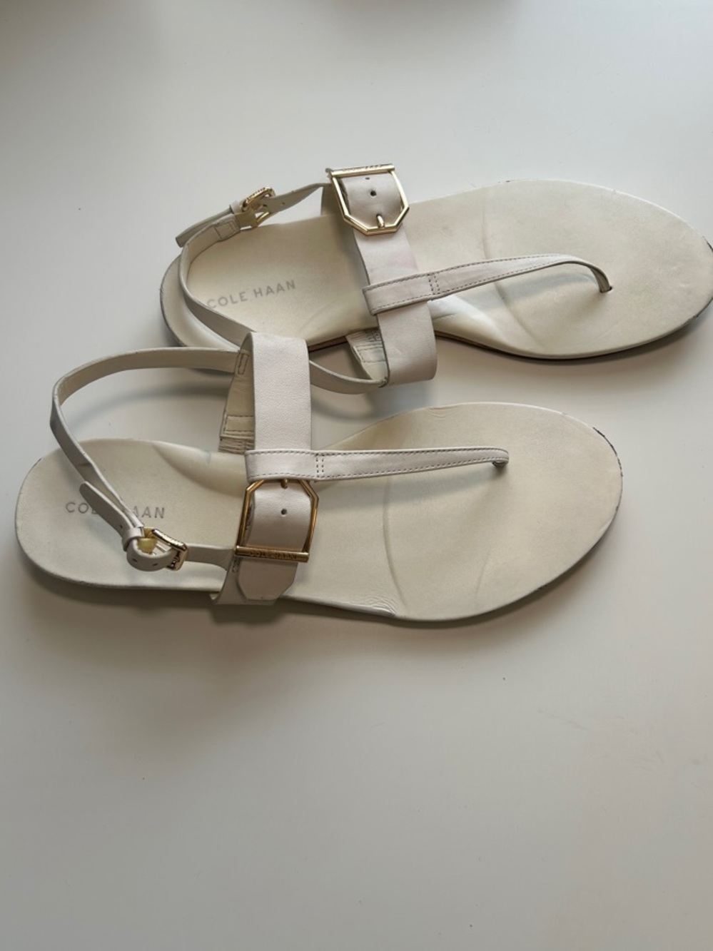 Cole Haan Francine Demi Wedge T-Strap Sandals with Gold Buckles 9B - Picture 3 of 12